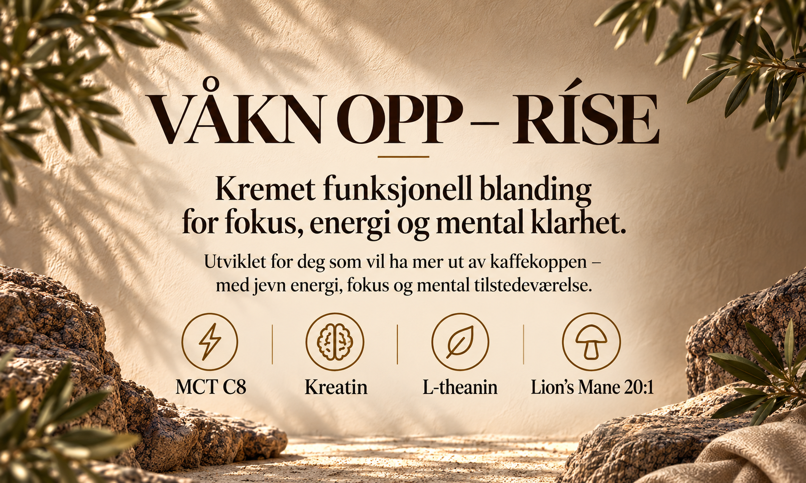 Ríse kaffekremer, lions mane mct-olje, kreatin, vitaminer